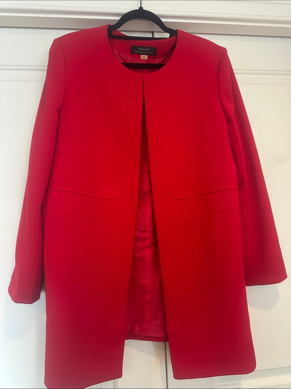 Tahari Red Collarless Open-Front Blazer Coat